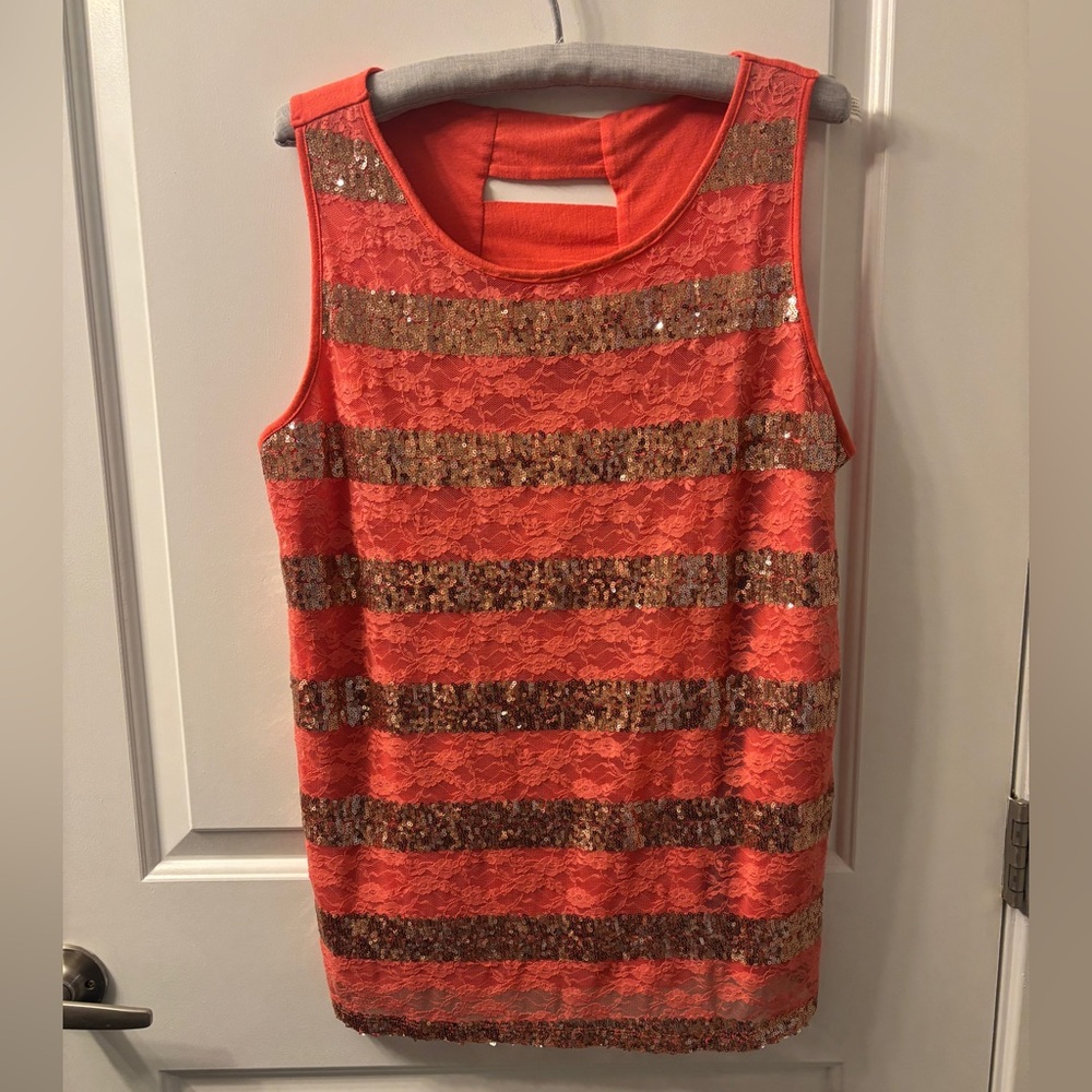 Coral and gold sequined tank